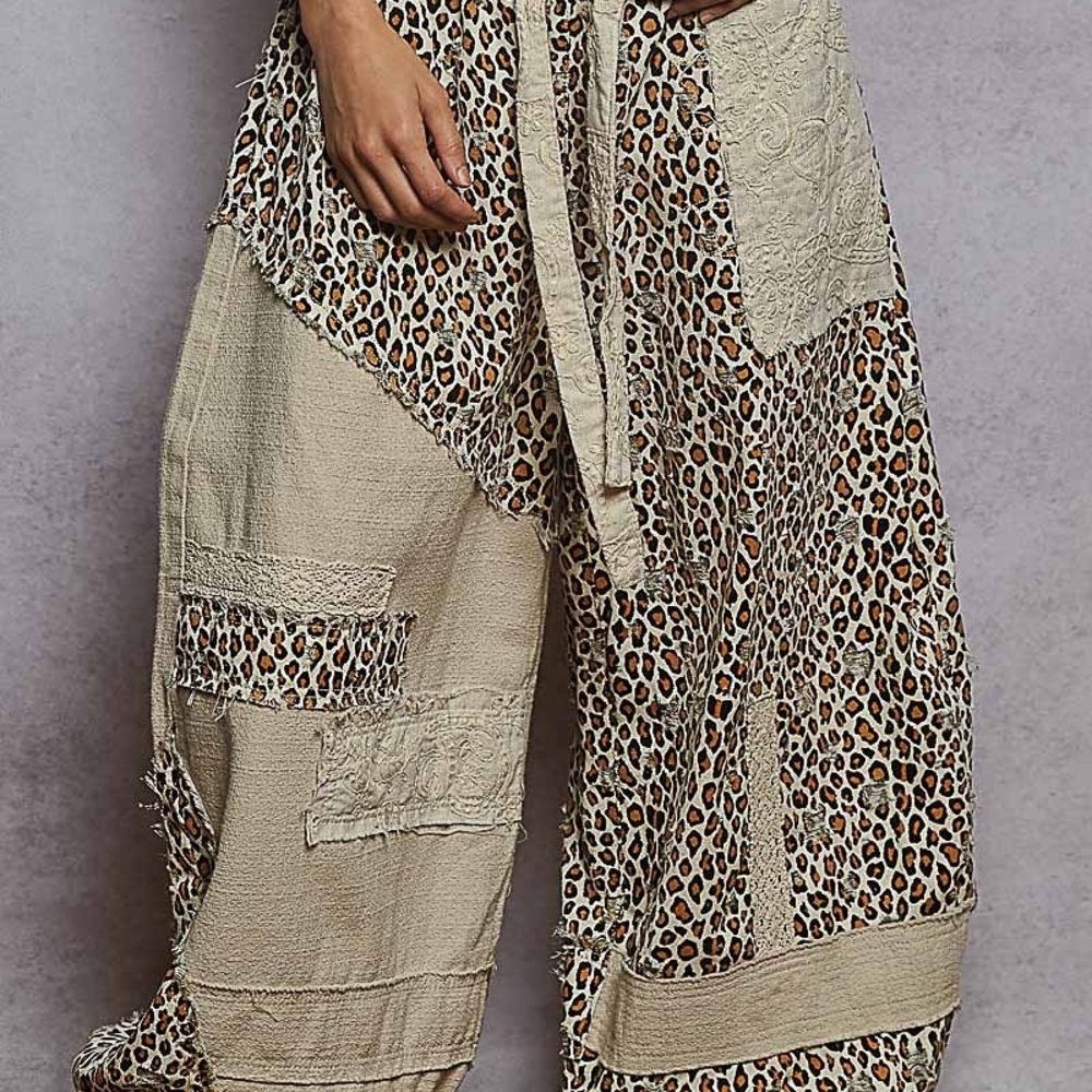 POL Leopard and Cream Patchwork Wide Leg Pants